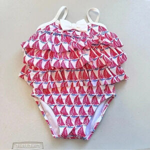 Janie And Jack Girls Size 12-18 Months Sailboat One‎ Piece Swim Suit Red Ruffles